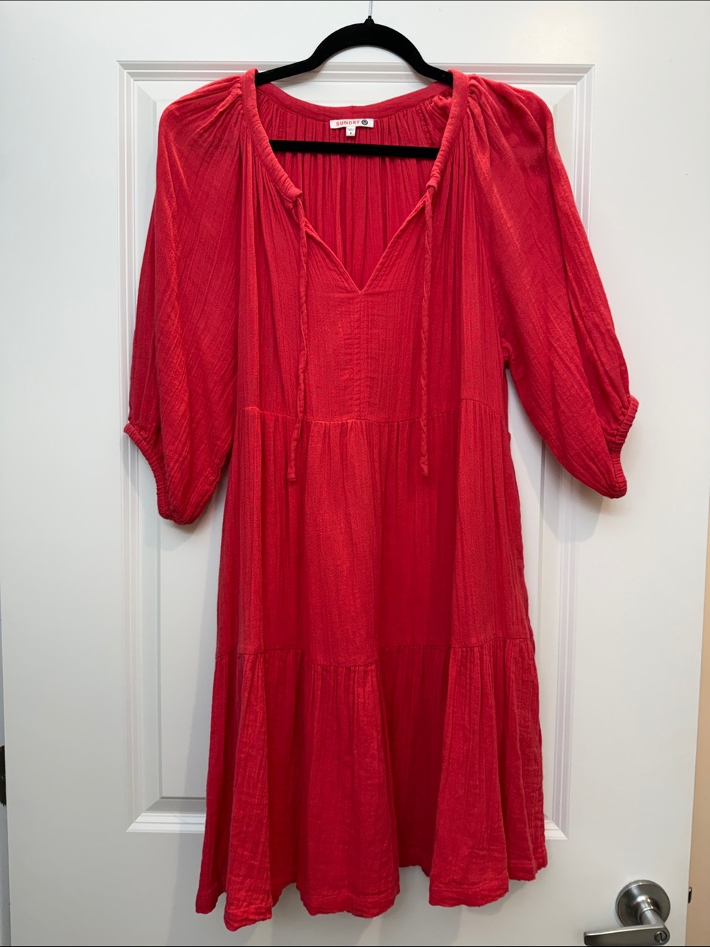 Sundry Red Peasant Midi Dress with Tie Neck